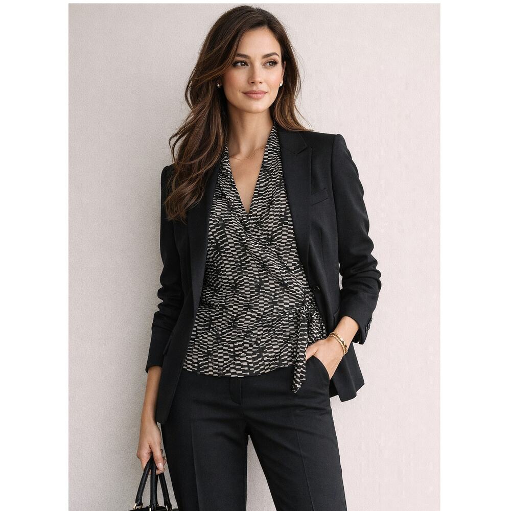 The Limited 100% Silk Black White Geometric pattern Wrap Top Size M